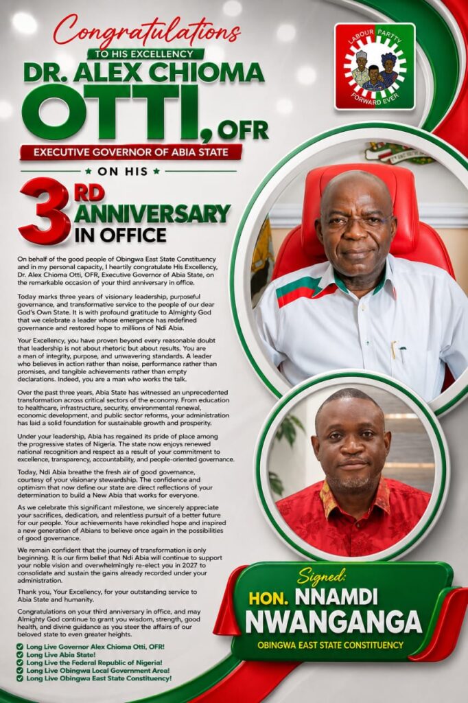Hon. Nnamdi Nwanganga Celebrates Governor Alex Otti’s Third Anniversary in Office
