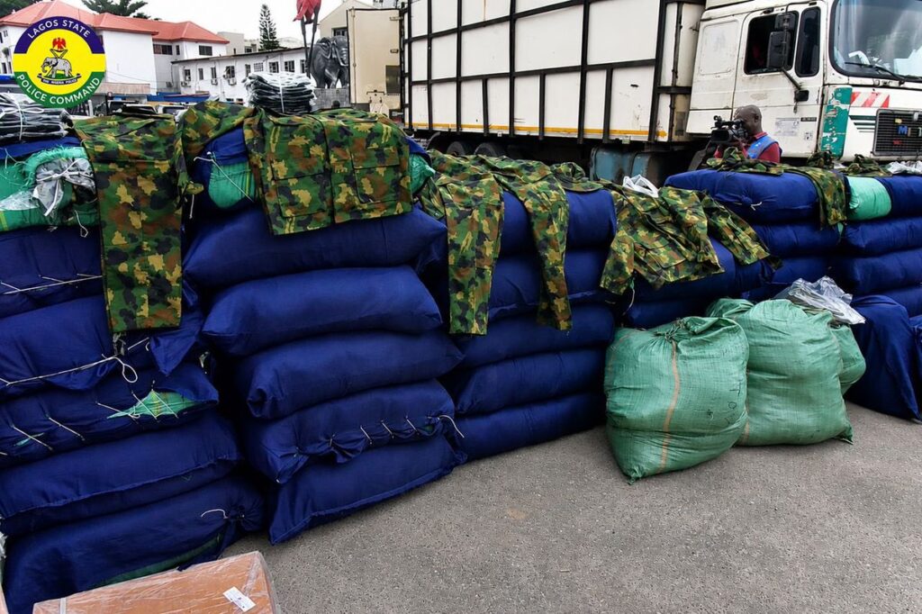 Police Intercept Truck Loaded with Military Camouflage Uniforms, Suspected Illicit Drugs in Lagos