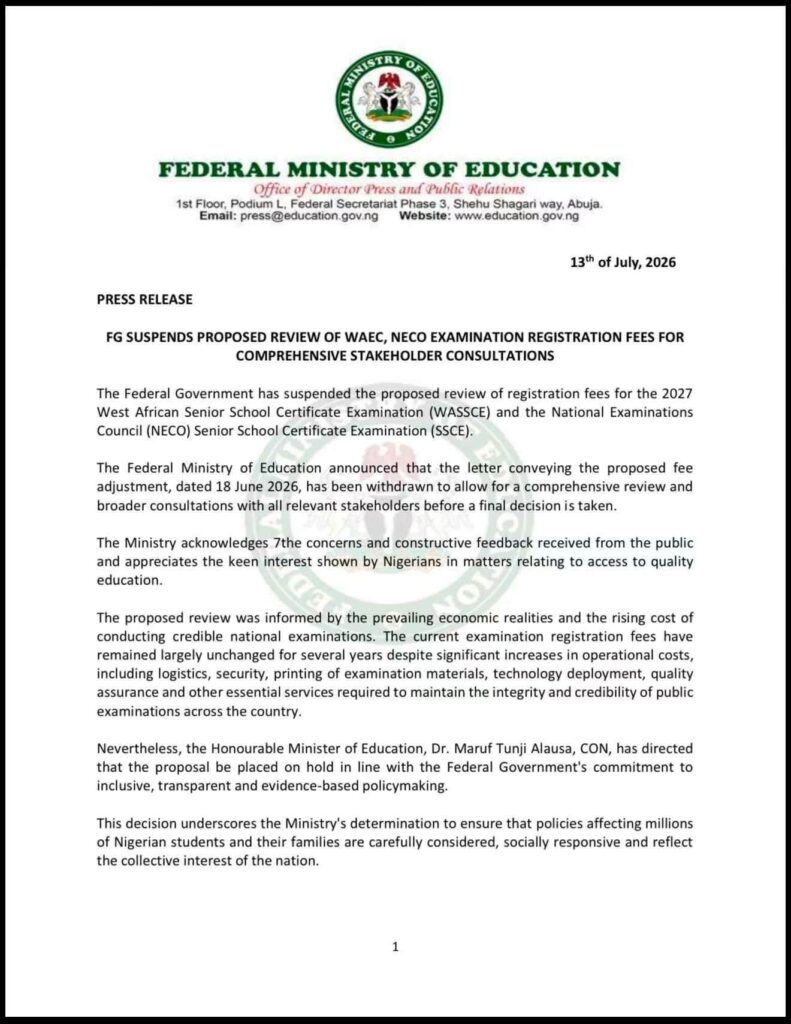 Federal Government Suspends Proposed Increase in WAEC and NECO Examination Fees